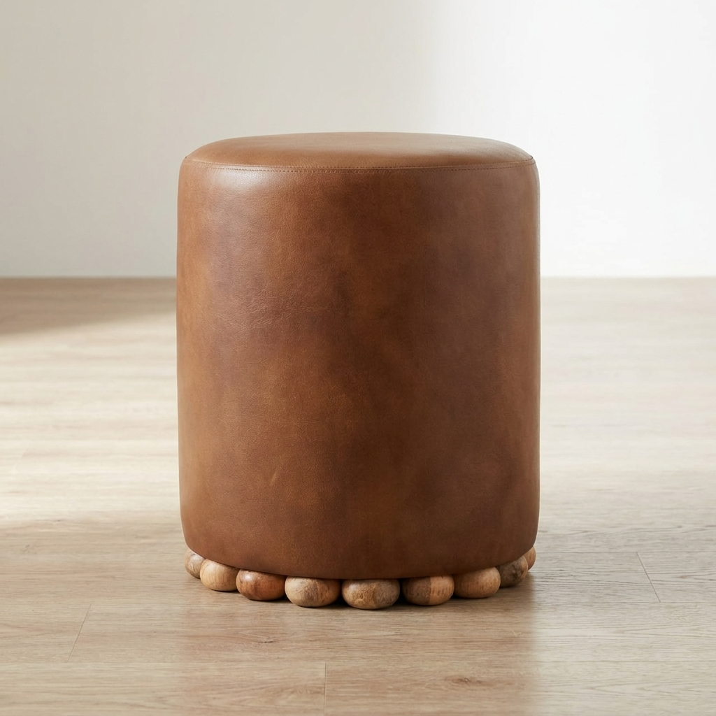 Handcrafted Bola Leather Stool - Solid Mango Wood Accent Seating