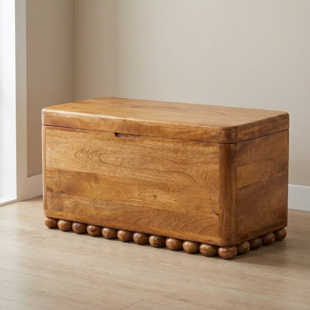 Amber Oak Bola Storage Trunk Bench in Solid Mango Wood