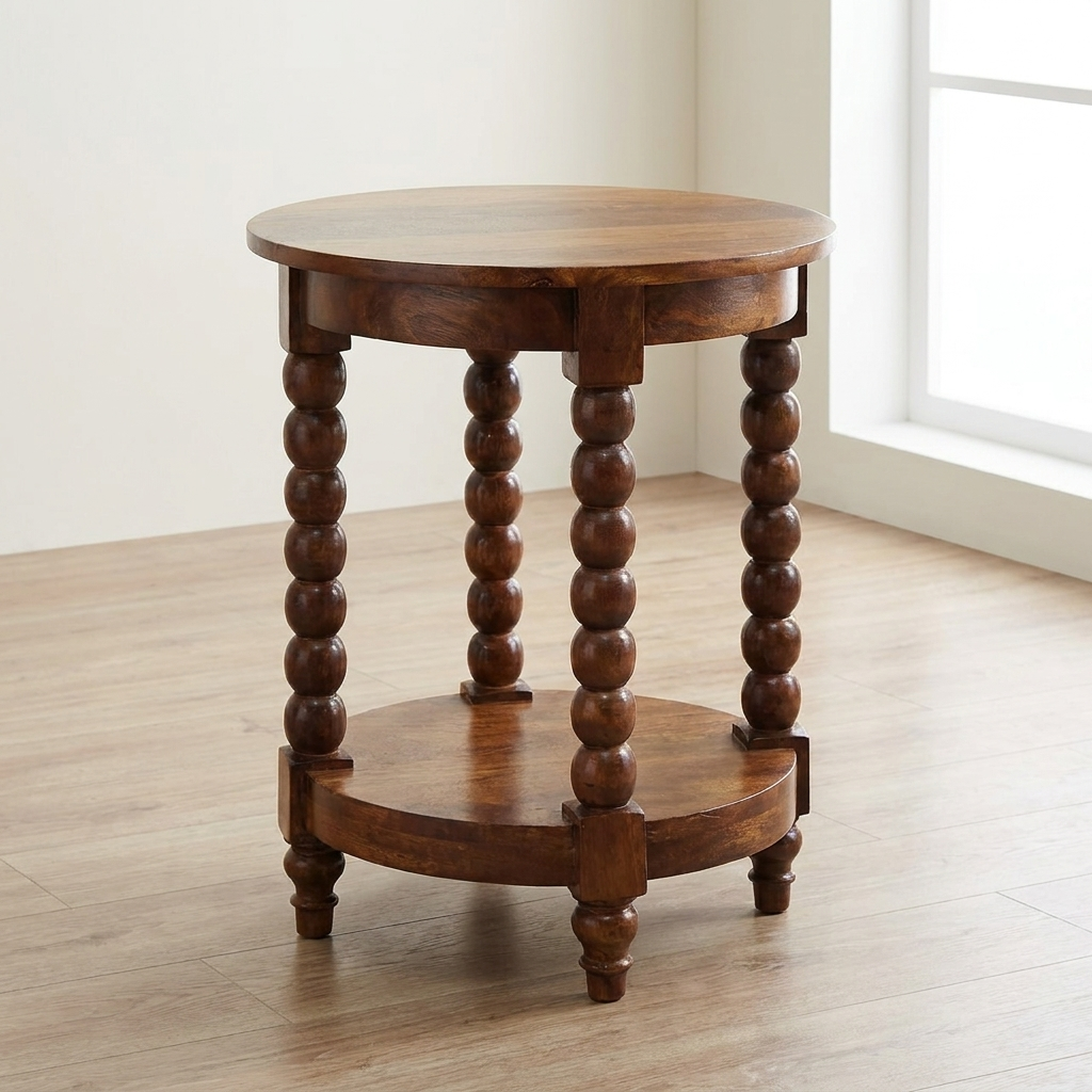 Amber Oak Spindle Round Side Table in Solid Mango Wood