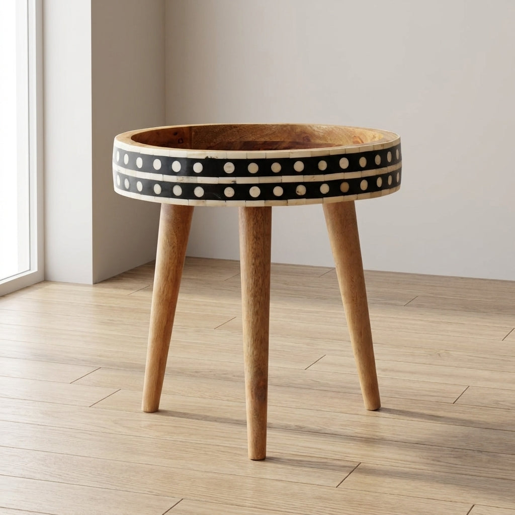 Nordic Mini Pattern End Table - Solid Mango Wood Side Table for Living Room