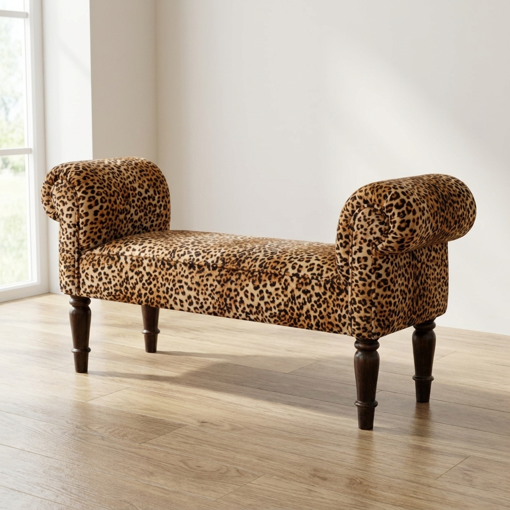 Leopard Print Velvet Bench - Solid Mango Wood Seating Furniture for Entryway