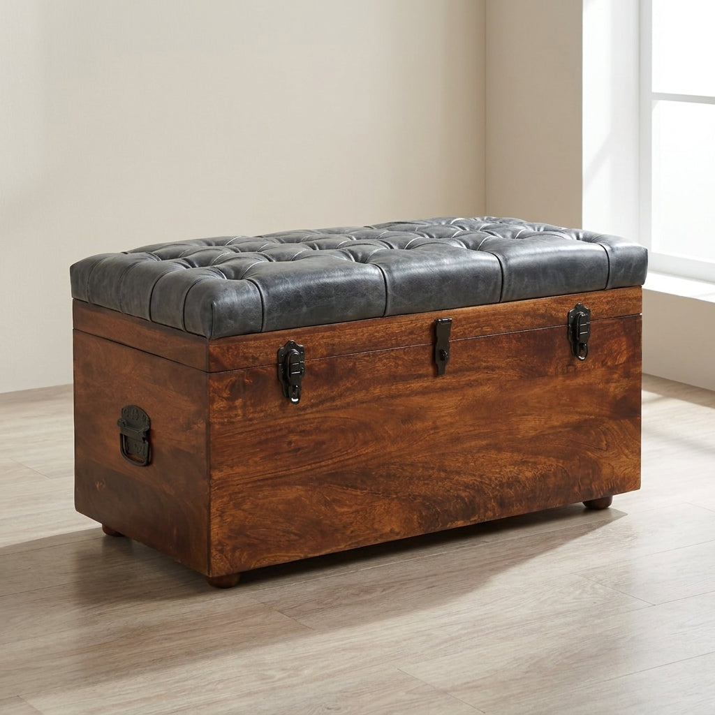 Handcrafted Black Buffalo Hide Leather Storage Trunk - Solid Mango Wood Blanket Chest for Bedroom