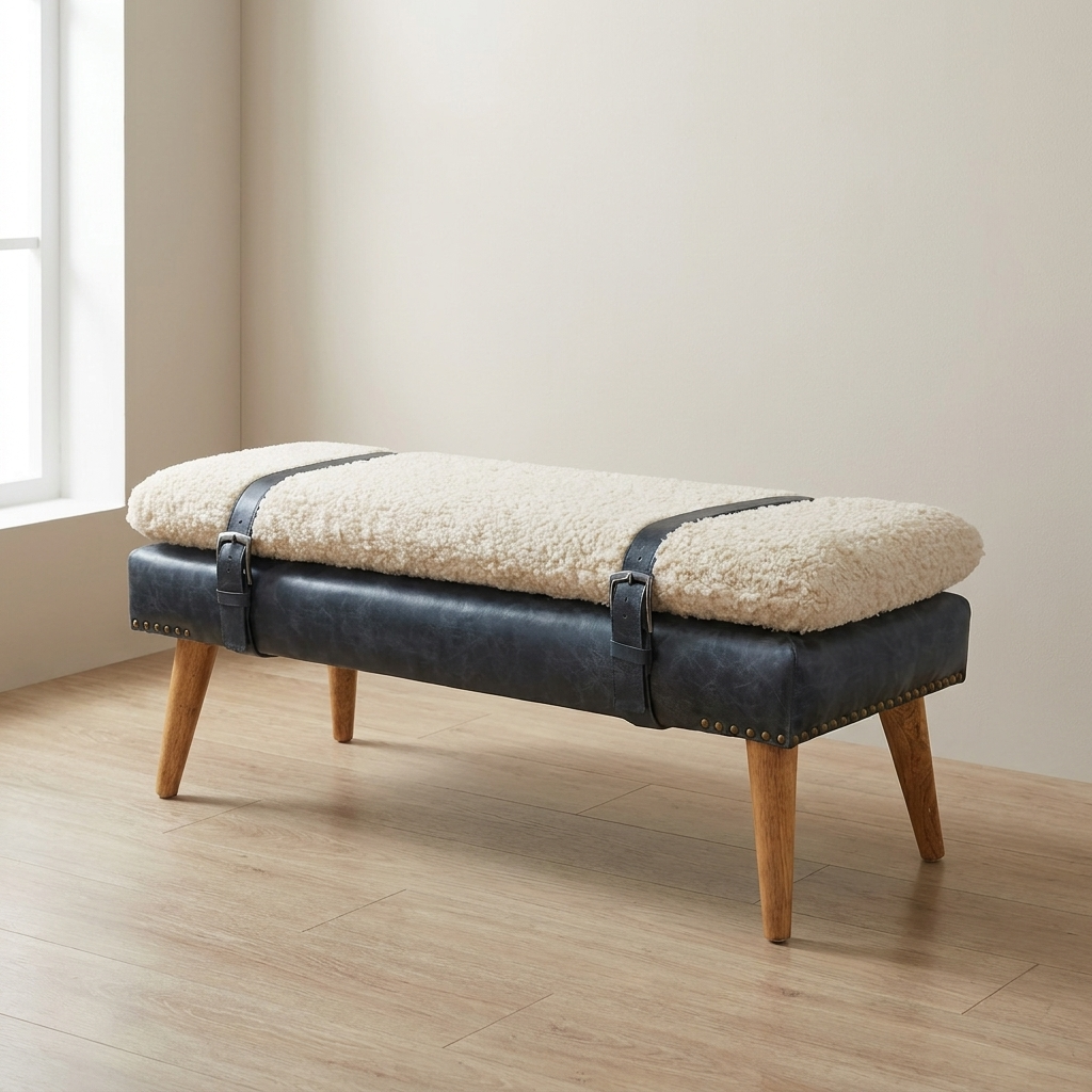 Mid-Century Modern Boucle x Olive Green Leather Bench - Solid Mango Wood Seating Furniture for Entryway
