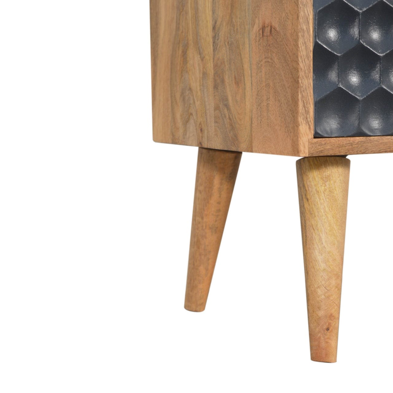 Navy Blue Honeycomb Nightstand - Solid Mango Wood Bedside Table for Bedroom - product view 6 showing handcrafted solid...