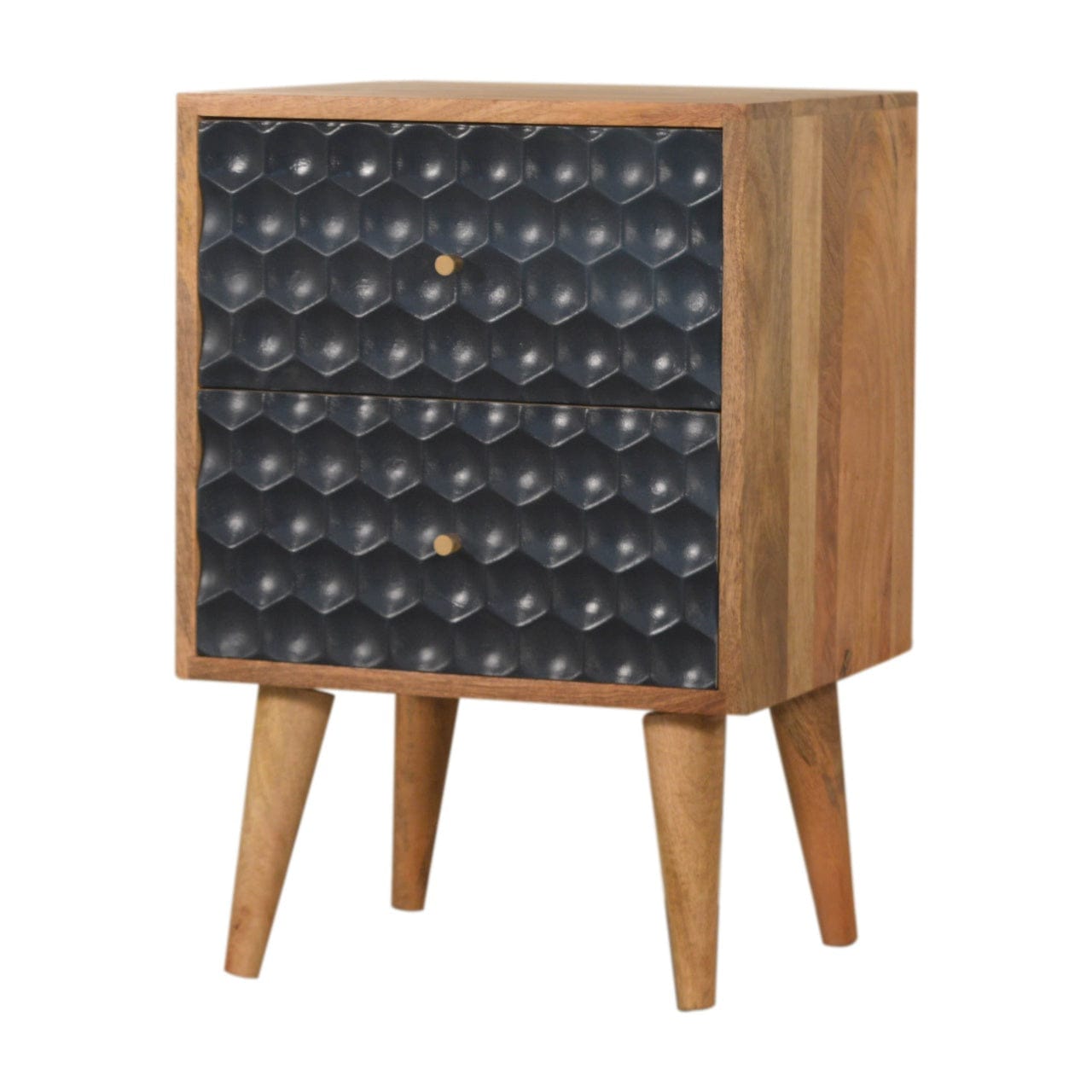 Navy Blue Honeycomb Nightstand - Solid Mango Wood Bedside Table for Bedroom - main view showing handcrafted solid mango...