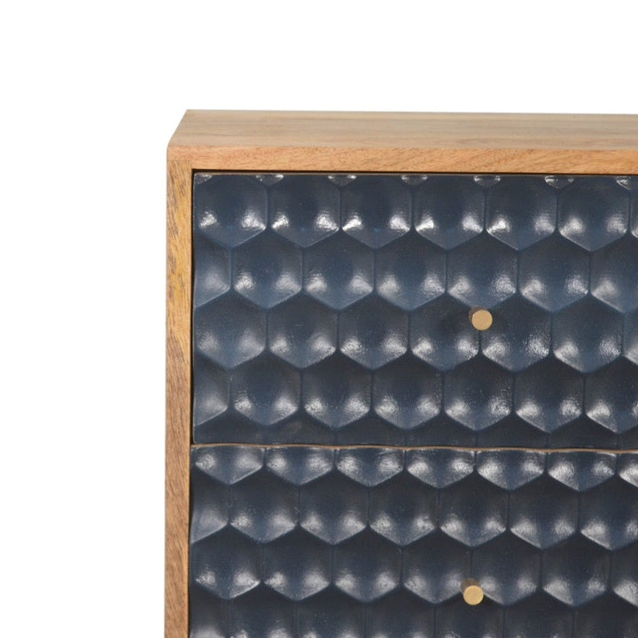 Navy Blue Honeycomb Nightstand - Solid Mango Wood Bedside Table for Bedroom - product view 3 showing handcrafted solid...