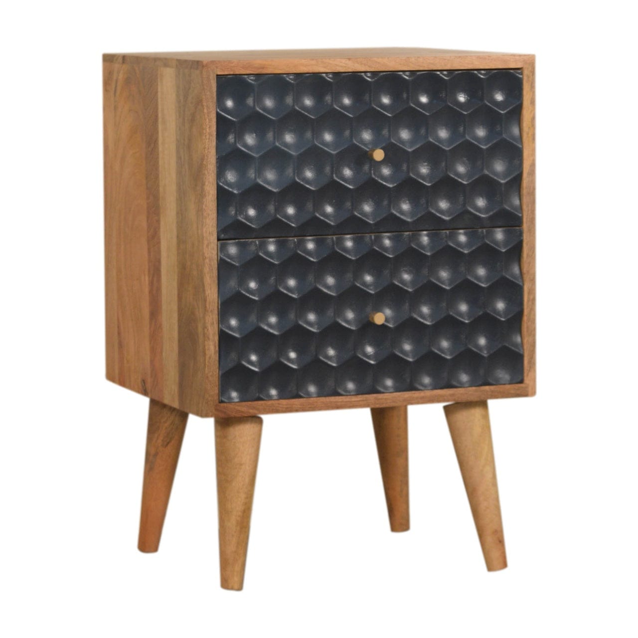 Navy Blue Honeycomb Nightstand - Solid Mango Wood Bedside Table for Bedroom - product view 2 showing handcrafted solid...