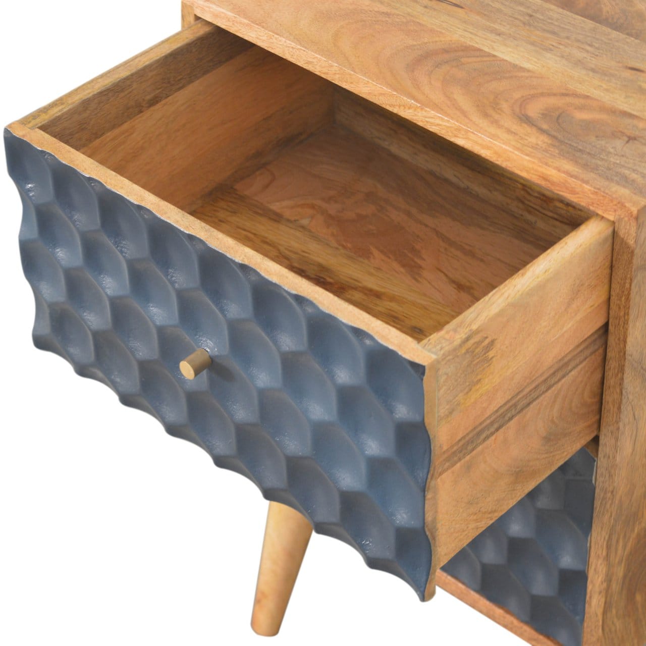 Navy Blue Honeycomb Nightstand - Solid Mango Wood Bedside Table for Bedroom - product view 5 showing handcrafted solid...