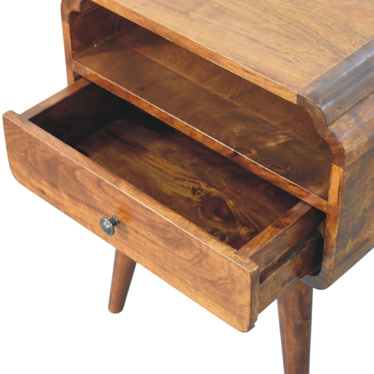 Newton Chestnut Nightstand - Solid Mango Wood Bedside Table for Bedroom - product view 5 showing handcrafted solid mango...