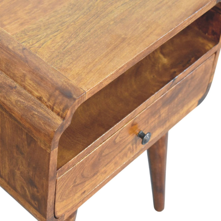 Newton Chestnut Nightstand - Solid Mango Wood Bedside Table for Bedroom - product view 4 showing handcrafted solid mango...