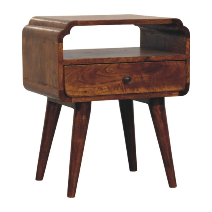 Newton Chestnut Nightstand - Solid Mango Wood Bedside Table for Bedroom - product view 2 showing handcrafted solid mango...