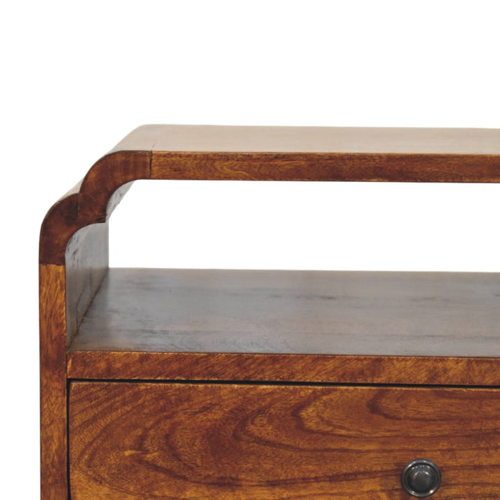 Newton Chestnut Nightstand - Solid Mango Wood Bedside Table for Bedroom - product view 3 showing handcrafted solid mango...