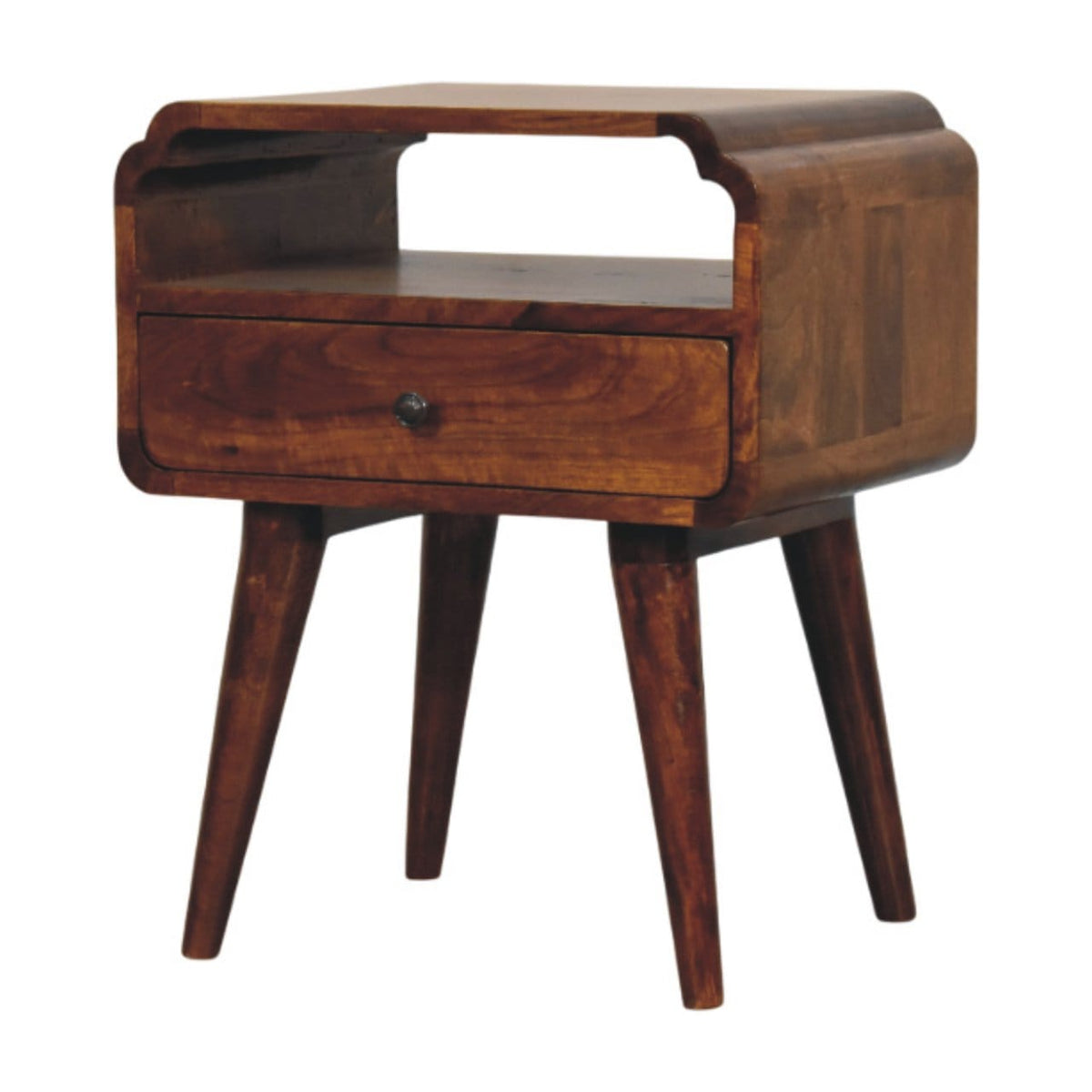 Newton Chestnut Nightstand - Solid Mango Wood Bedside Table for Bedroom - main view showing handcrafted solid mango wood...