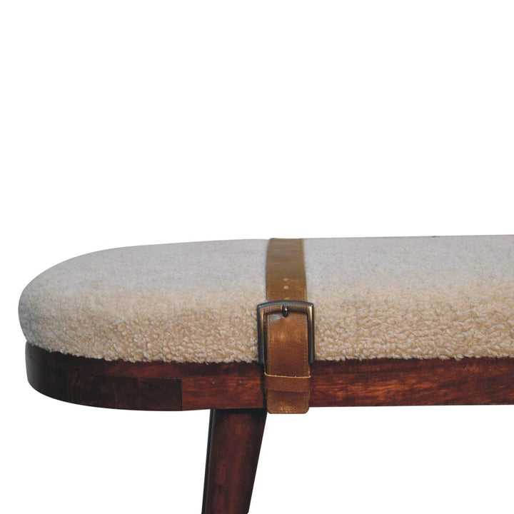 Nordholm Boucle Bench - Solid Mango Wood Seating Furniture for Entryway - product view 4 showing handcrafted solid mango...