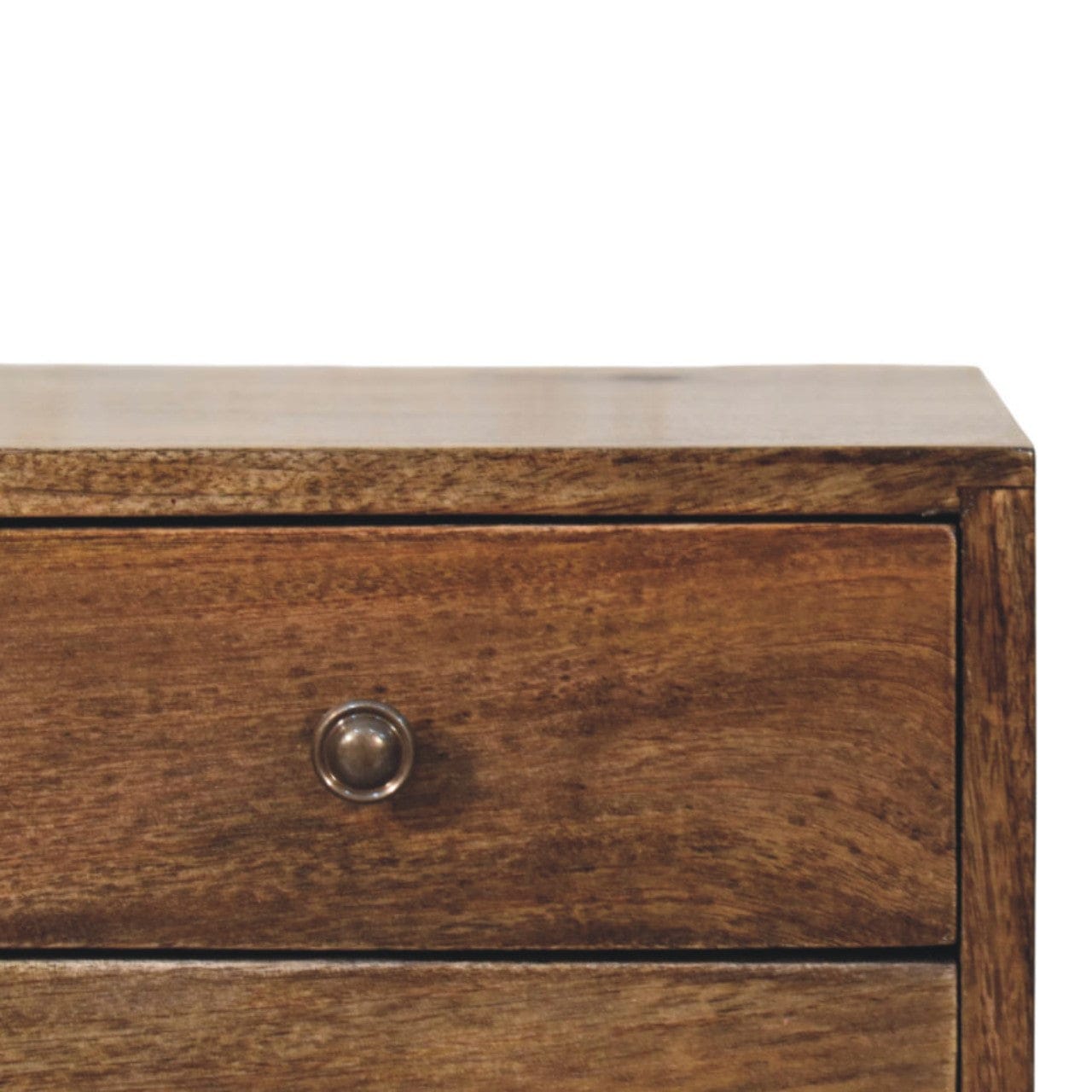 Nordic 2 Drawer Bedside Table in Classic Grey - Solid Mango Wood Nightstand - product view 4 showing handcrafted solid...