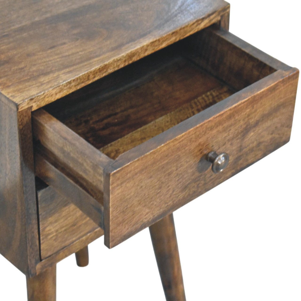Nordic 2 Drawer Bedside Table in Classic Grey - Solid Mango Wood Nightstand - product view 6 showing handcrafted solid...