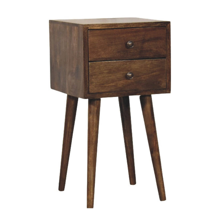 Nordic 2 Drawer Bedside Table in Classic Grey - Solid Mango Wood Nightstand - product view 3 showing handcrafted solid...
