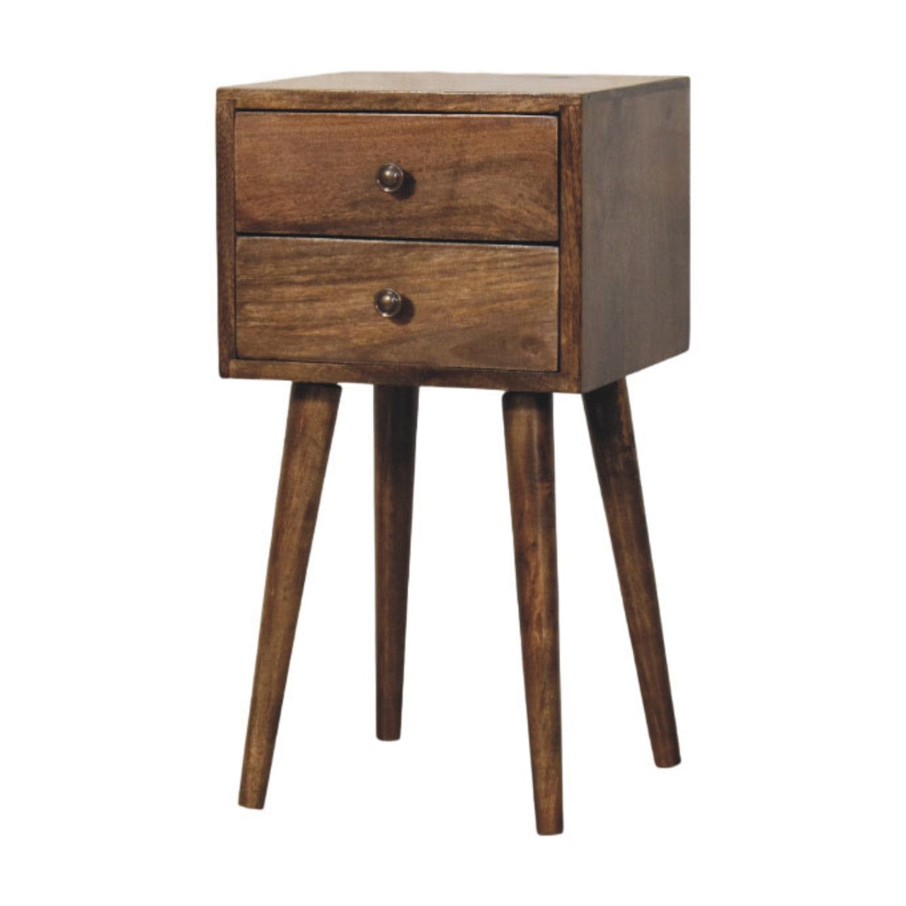 Nordic 2 Drawer Bedside Table in Classic Grey - Solid Mango Wood Nightstand - product view 2 showing handcrafted solid...