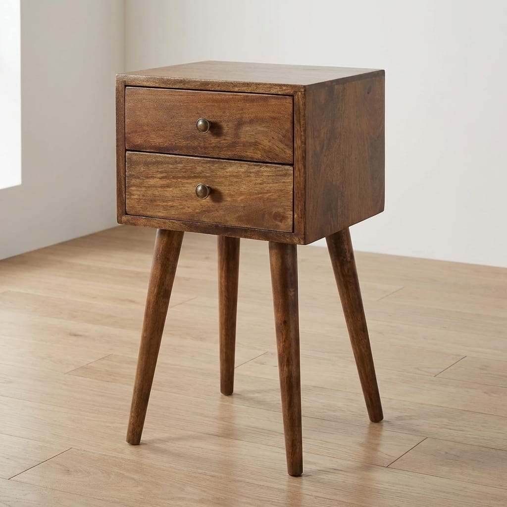 Nordic 2 Drawer Bedside Table in Classic Grey - Solid Mango Wood Nightstand - main view showing handcrafted solid mango...