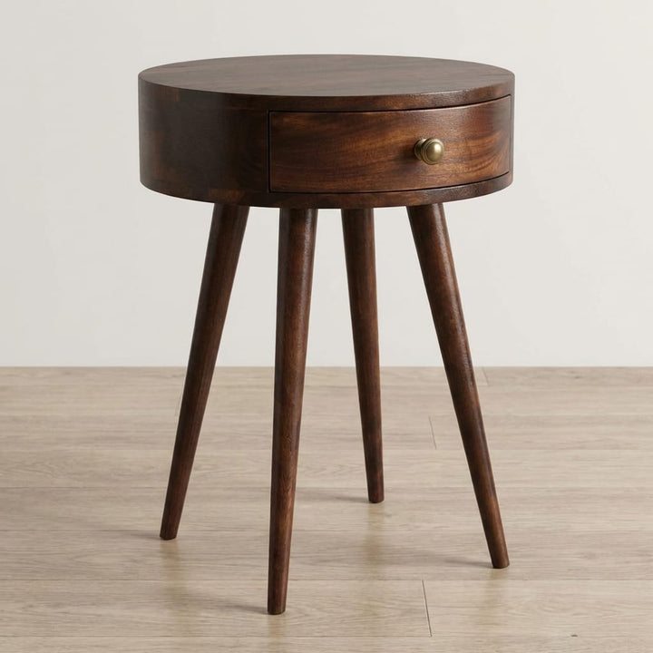 Nordic California Walnut Circular Shaped Nightstand - Solid Mango Wood Bedside Table for Bedroom - main view showing...
