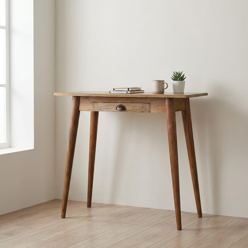 Nordic Mini Style Writing Desk - Solid Mango Wood Writing Table for Home Office - main view showing handcrafted solid...