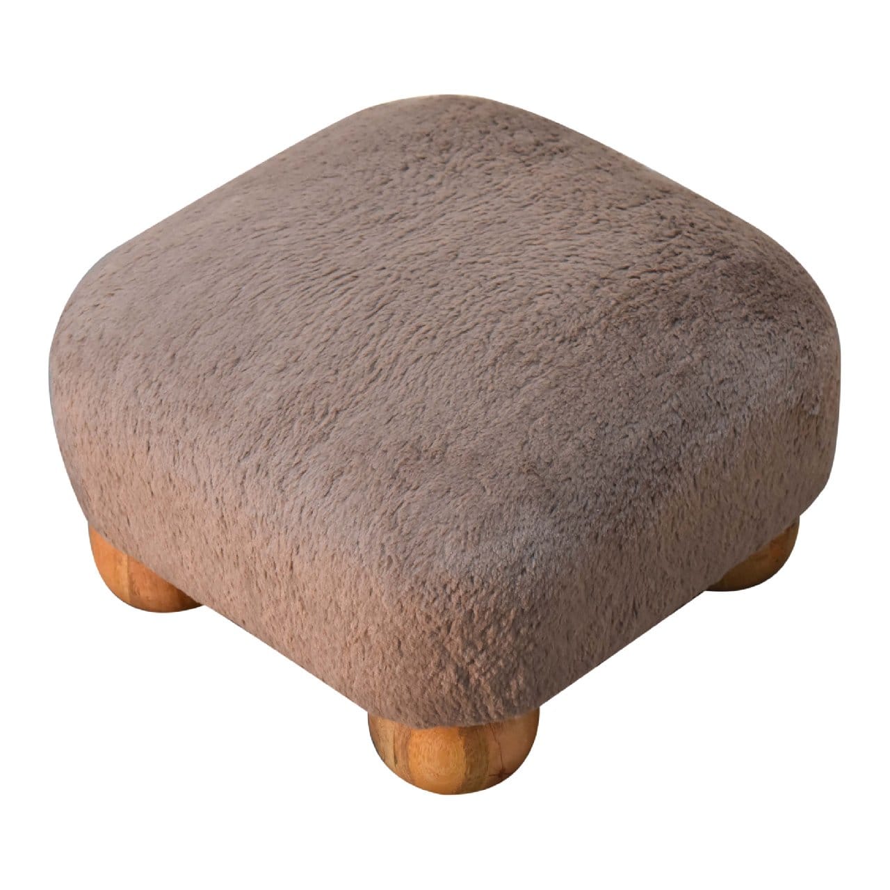 Nordic Mocha Faux Fur Footstool - Solid Mango Wood Accent Stool for Living Room - product view 5 showing handcrafted...