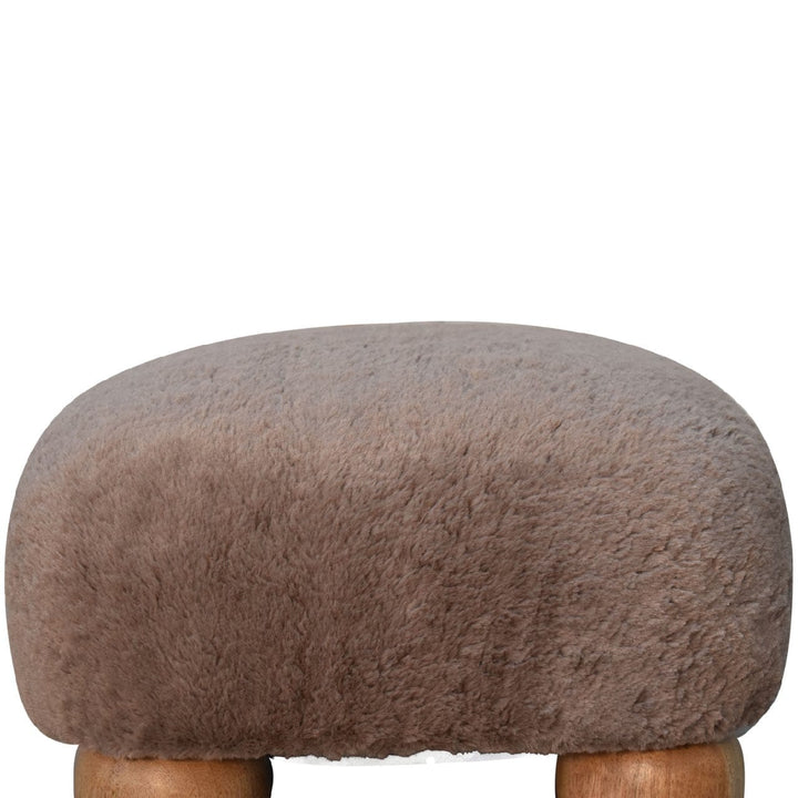 Nordic Mocha Faux Fur Footstool - Solid Mango Wood Accent Stool for Living Room - product view 8 showing handcrafted...