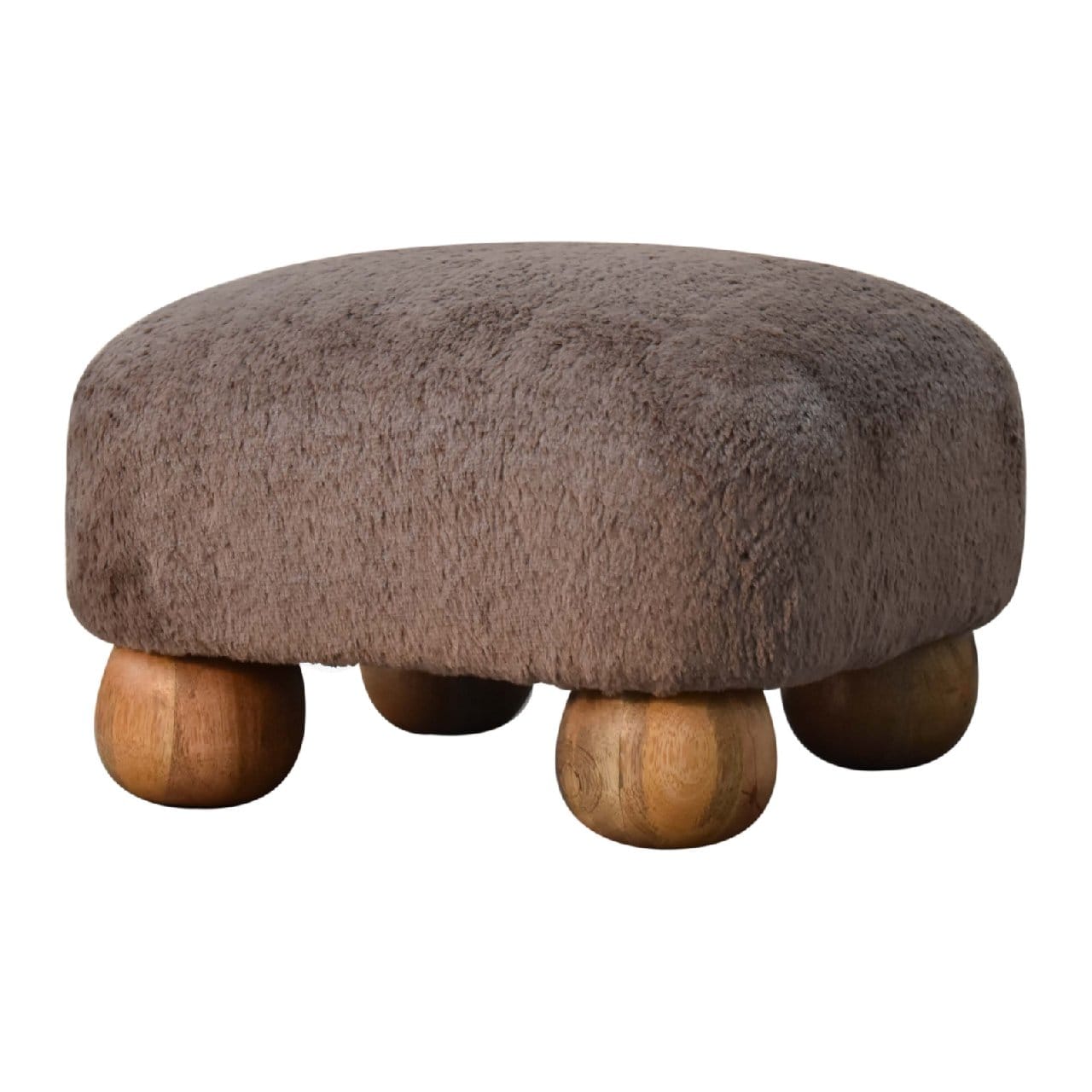 Nordic Mocha Faux Fur Footstool - Solid Mango Wood Accent Stool for Living Room - product view 4 showing handcrafted...