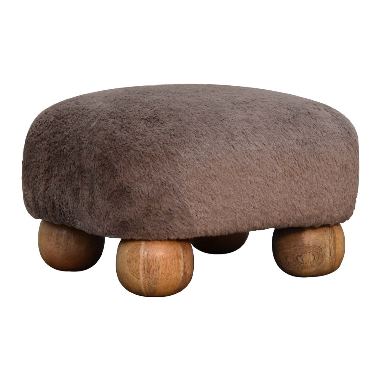 Nordic Mocha Faux Fur Footstool - Solid Mango Wood Accent Stool for Living Room - product view 3 showing handcrafted...