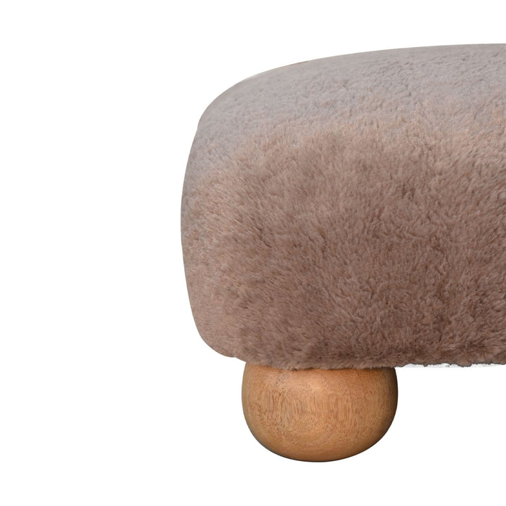 Nordic Mocha Faux Fur Footstool - Solid Mango Wood Accent Stool for Living Room - product view 6 showing handcrafted...