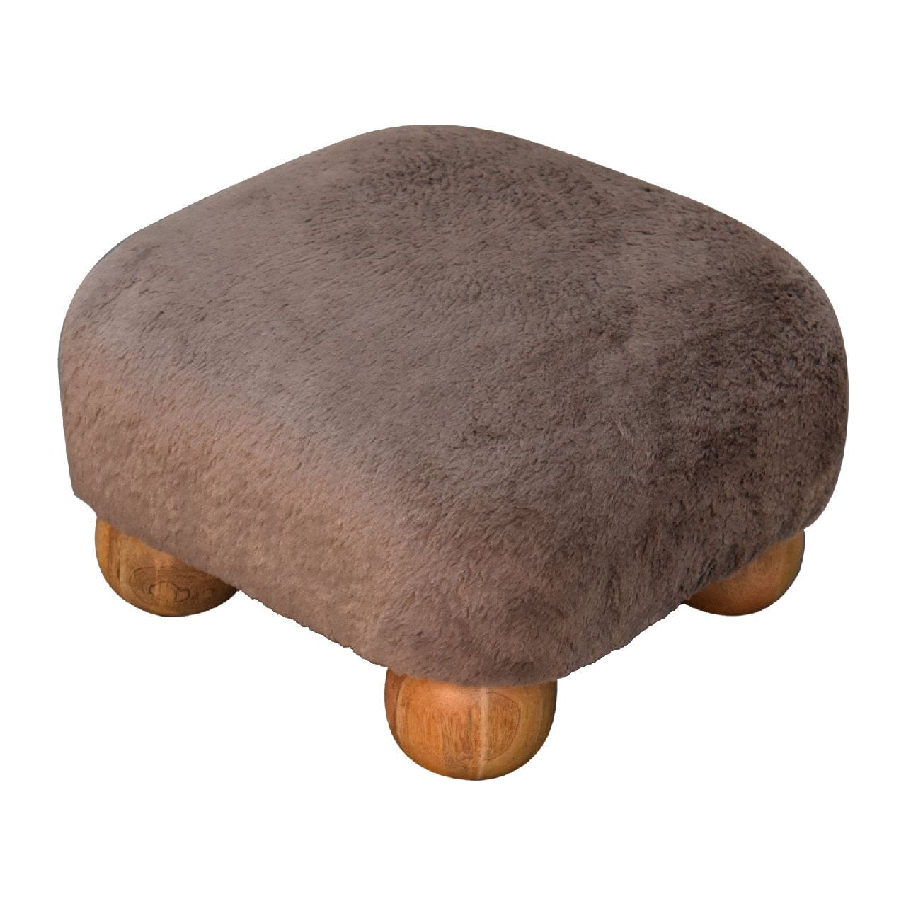 Nordic Mocha Faux Fur Footstool - Solid Mango Wood Accent Stool for Living Room - product view 7 showing handcrafted...