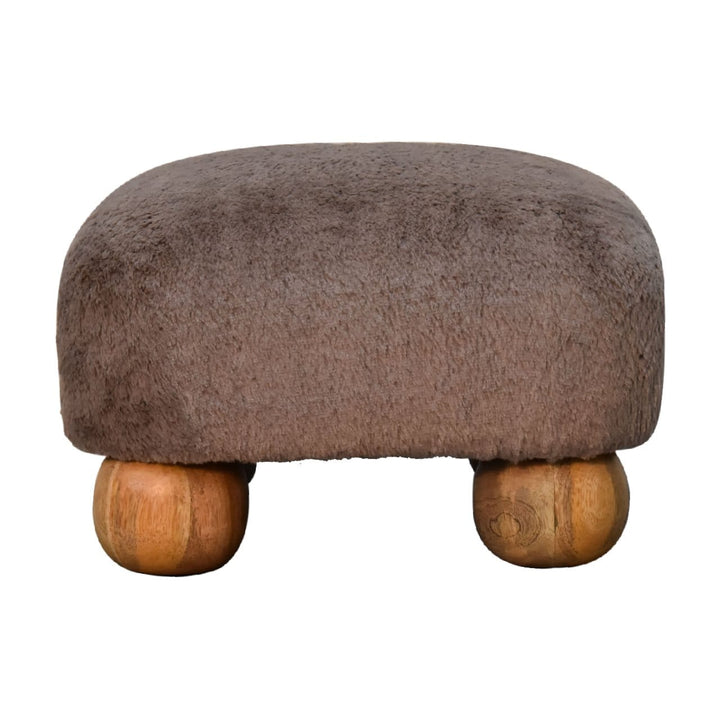 Nordic Mocha Faux Fur Footstool - Solid Mango Wood Accent Stool for Living Room - product view 2 showing handcrafted...