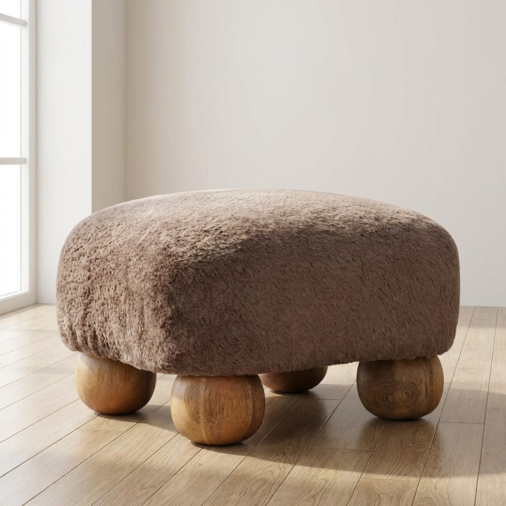 Nordic Mocha Faux Fur Footstool - Solid Mango Wood Accent Stool for Living Room - main view showing handcrafted solid...