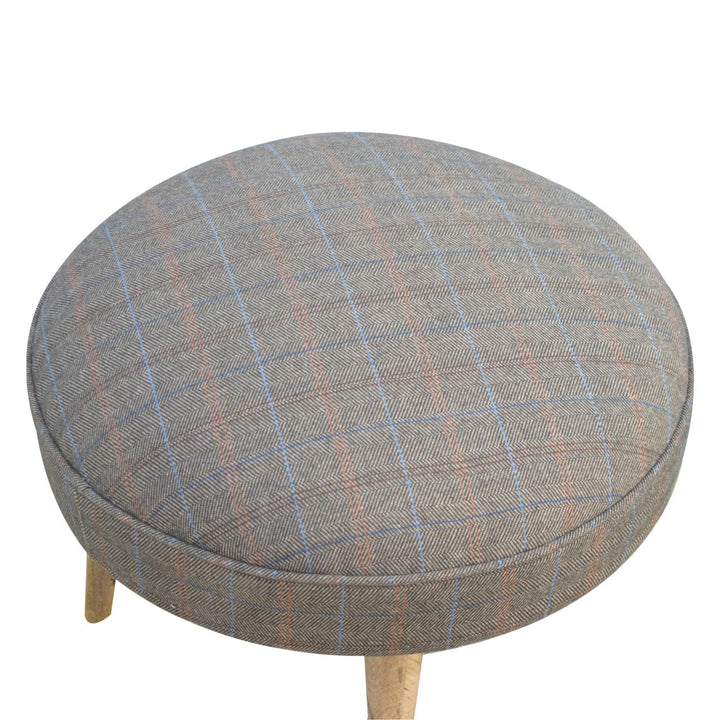 Nordic Multi Tweed Style Footstool - Solid Mango Wood Accent Stool for Living Room - product view 3 showing handcrafted...