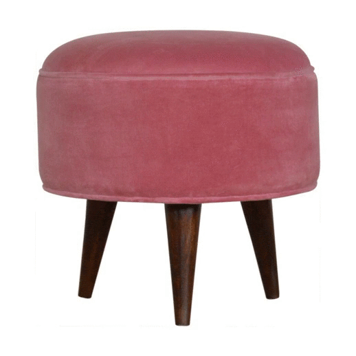 Nordic Pink Velvet Style Footstool - Solid Mango Wood Accent Stool for Living Room - product view 8 showing handcrafted...
