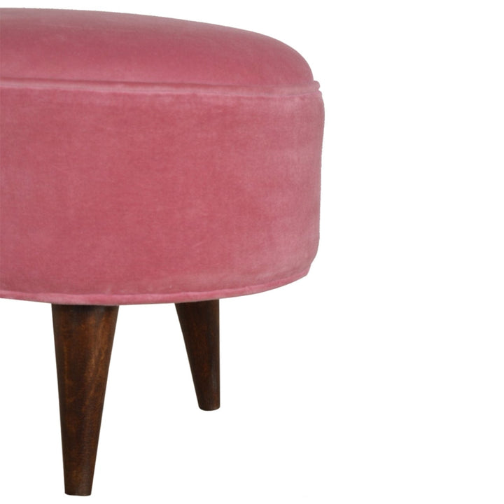 Nordic Pink Velvet Style Footstool - Solid Mango Wood Accent Stool for Living Room - product view 3 showing handcrafted...