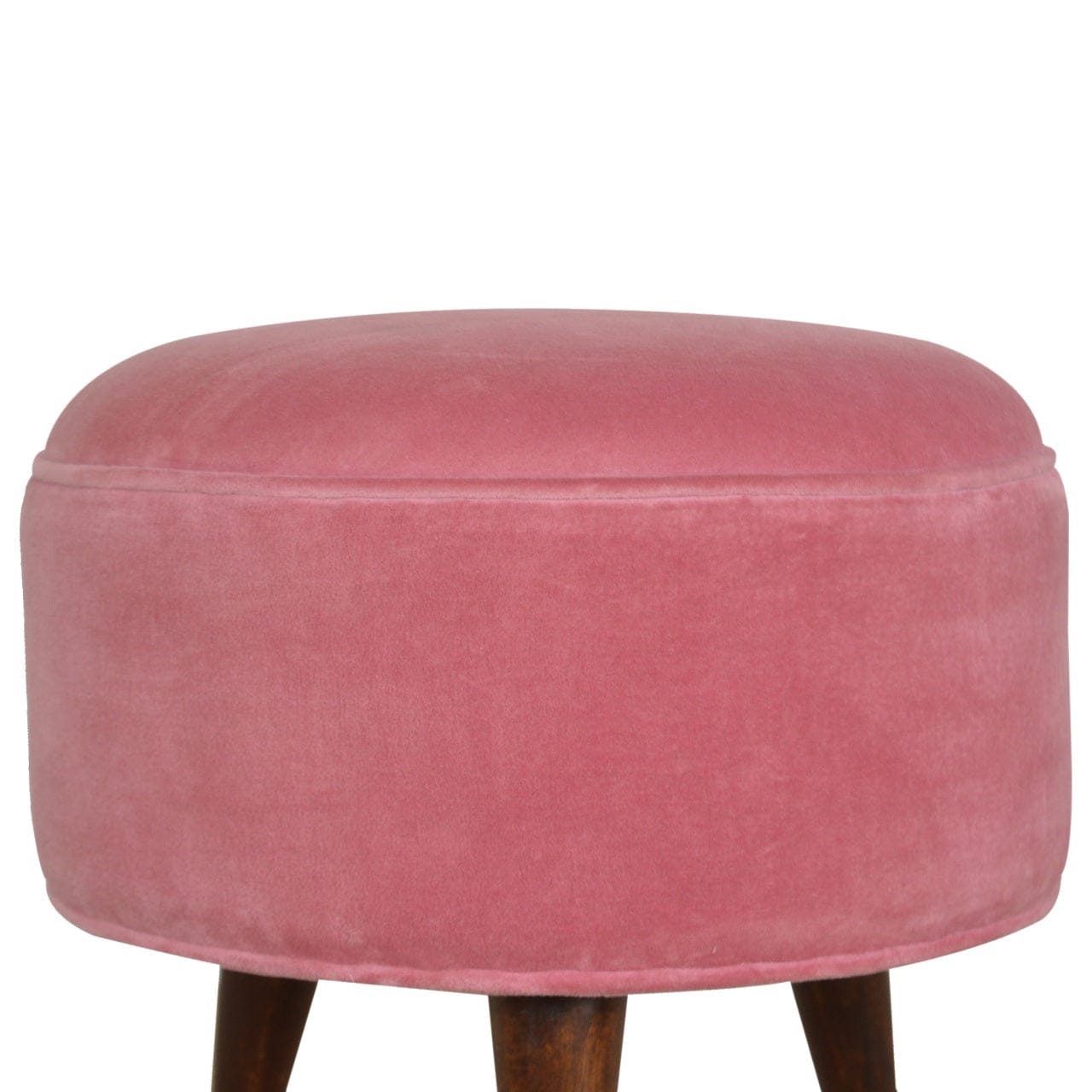 Nordic Pink Velvet Style Footstool - Solid Mango Wood Accent Stool for Living Room - product view 2 showing handcrafted...
