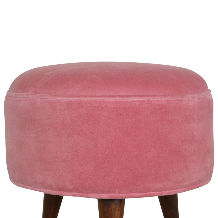 Nordic Pink Velvet Style Footstool - Solid Mango Wood Accent Stool for Living Room - product view 2 showing handcrafted...