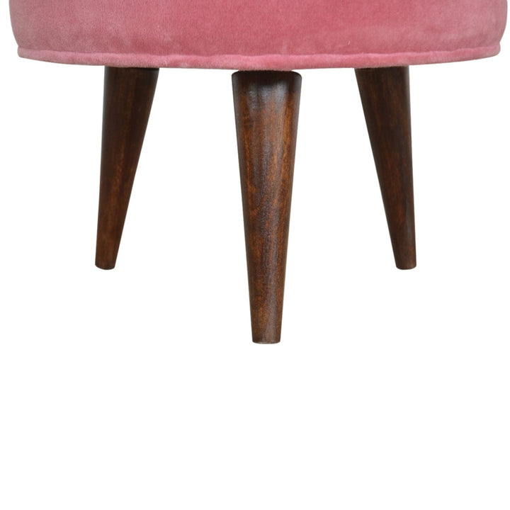 Nordic Pink Velvet Style Footstool - Solid Mango Wood Accent Stool for Living Room - main view showing handcrafted solid...