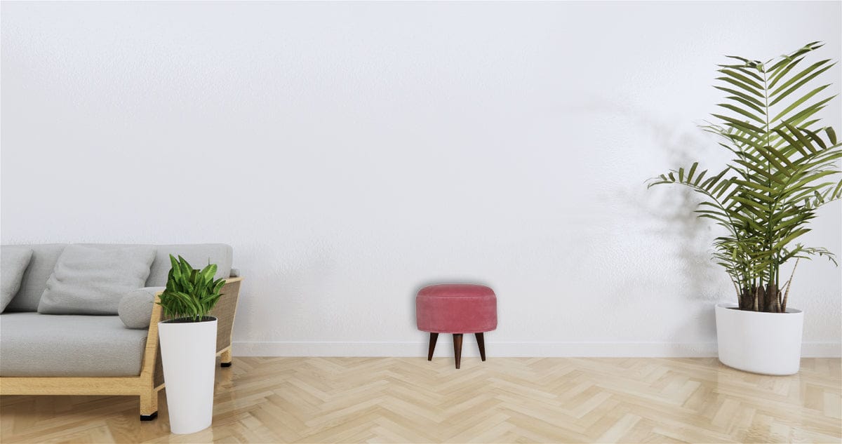 Nordic Pink Velvet Style Footstool - Solid Mango Wood Accent Stool for Living Room - product view 7 showing handcrafted...