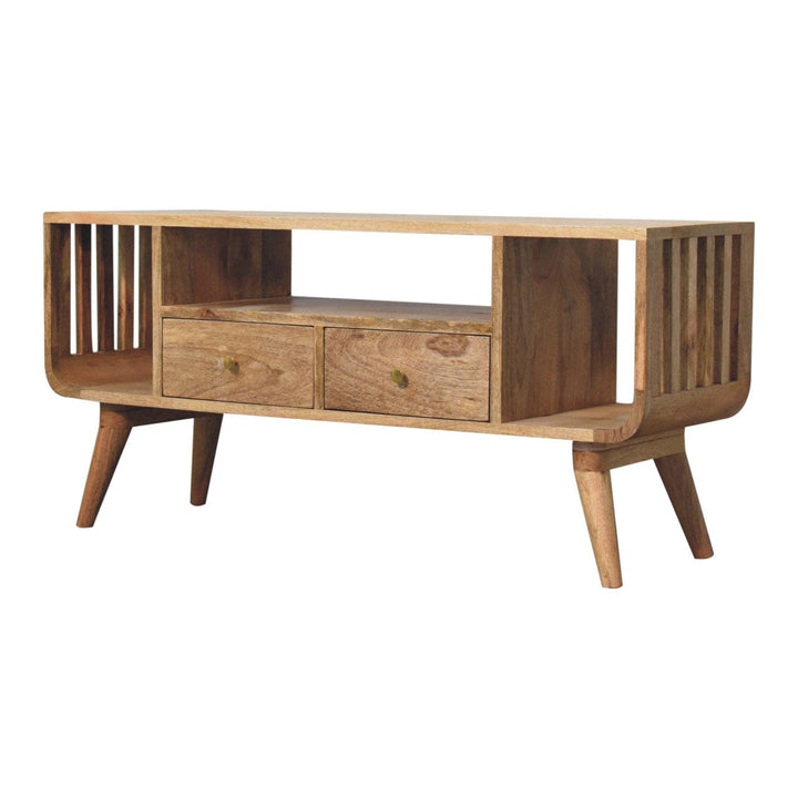 Nordic Soba Multi TV Stand - Solid Mango Wood Entertainment Center for Living Room - product view 3 showing handcrafted...