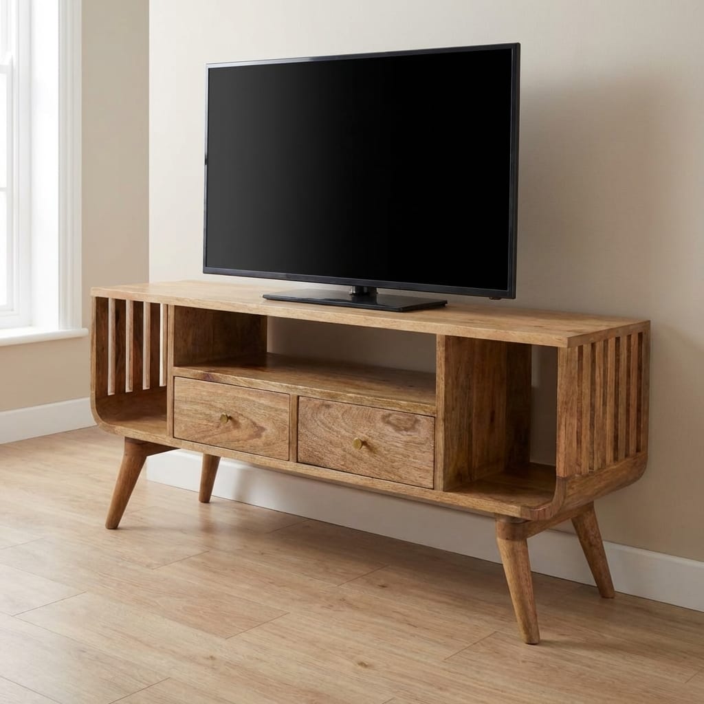 Nordic Soba Multi TV Stand - Solid Mango Wood Entertainment Center for Living Room - main view showing handcrafted solid...