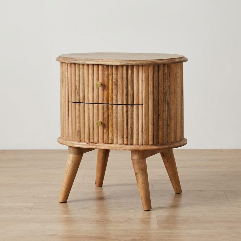 Nordic Soba Nightstand - Solid Mango Wood Bedside Table for Bedroom - main view showing handcrafted solid mango wood...