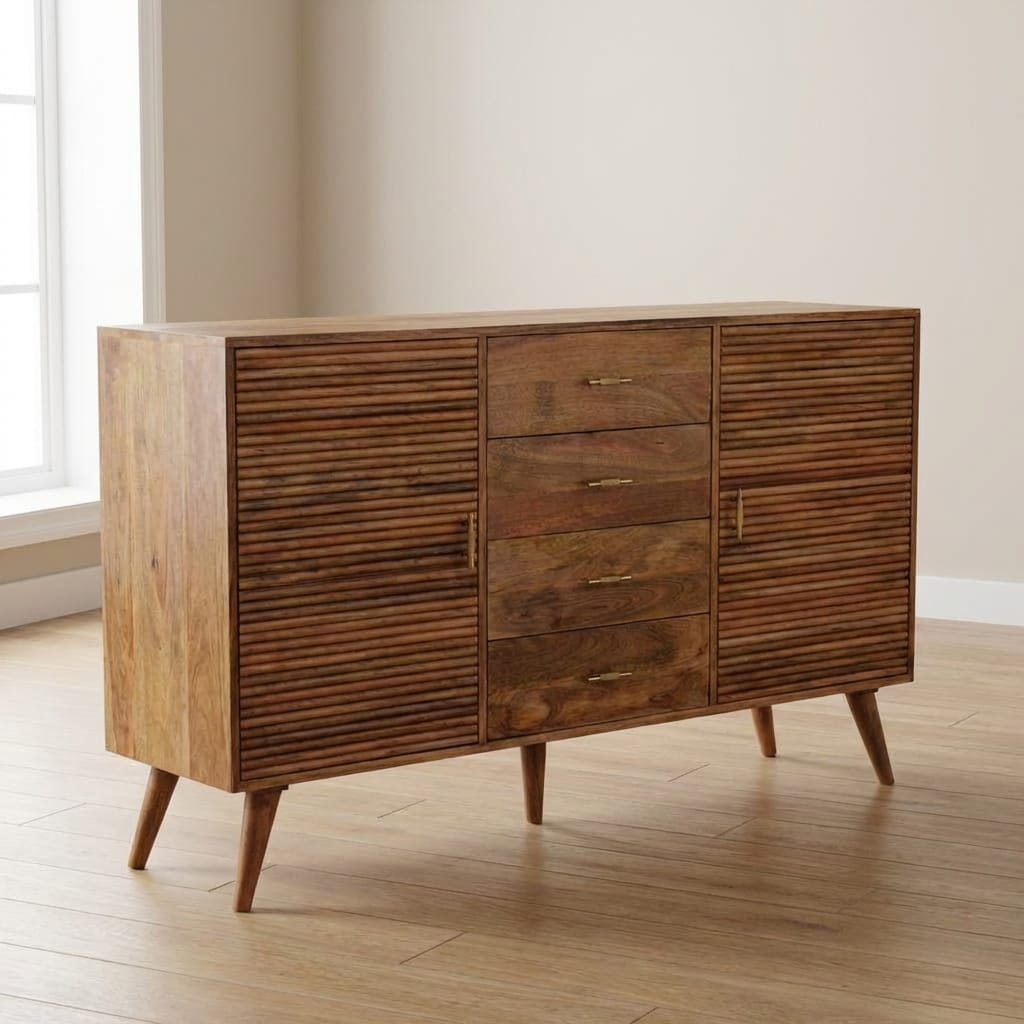 Nordic Soba T-Bar Dresser - Solid Mango Wood Storage Chest for Bedroom - main view showing handcrafted solid mango wood...