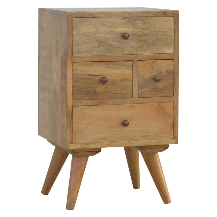 Nordic Style 4 Drawer Multi Nightstand - Solid Mango Wood Bedside Table for Bedroom - product view 2 showing handcrafted...
