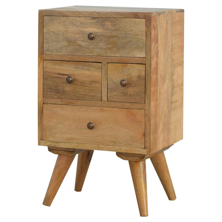 Nordic Style 4 Drawer Multi Nightstand - Solid Mango Wood Bedside Table for Bedroom - product view 3 showing handcrafted...