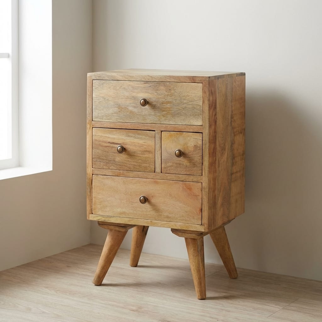 Nordic Style 4 Drawer Multi Nightstand - Solid Mango Wood Bedside Table for Bedroom - main view showing handcrafted solid...