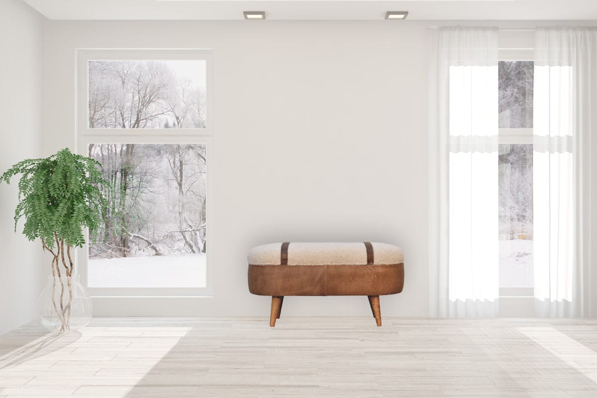 Nordic Tan Buffalo Boucle Bench - Solid Mango Wood Seating Furniture for Entryway - product view 8 showing handcrafted...