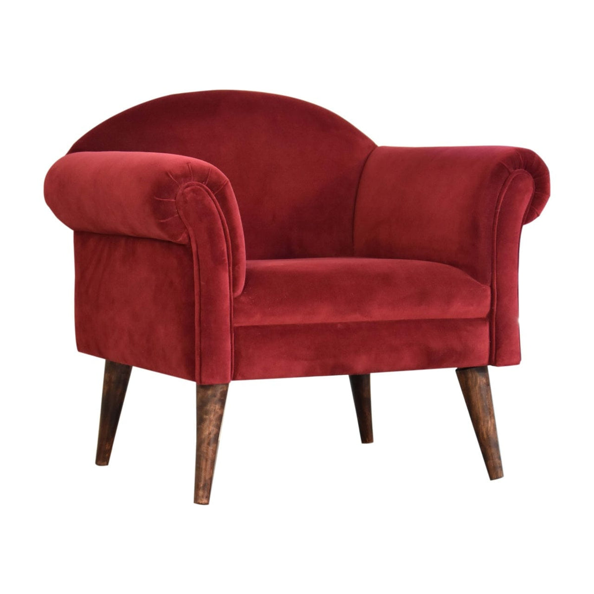 Nordic Wine Velvet Style Armchair - Solid Mango Wood Accent Chair for Living Room - product view 3 showing handcrafted...