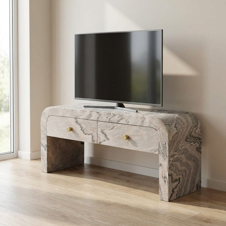 Nouveau TV Stand - Solid Mango Wood Entertainment Center for Living Room - main view showing handcrafted solid mango wood...